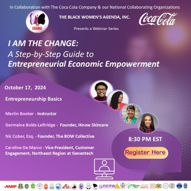 Calling all entrepreneurs and those interested in learning about entrepreneurship!! 

Join The Black Women's Agenda, Inc in Collaboration with Coca-Cola for our second webinar, Entrepreneurship Basics  on October 17, 2024 at 8:30 pm EST. 

Register via the link below! 

 
https://us06web.zoom.us/webinar/register/WN_e-6Pv-tFTw-UvF3mxZPdcw

#Entrepreneurship 
#BWA