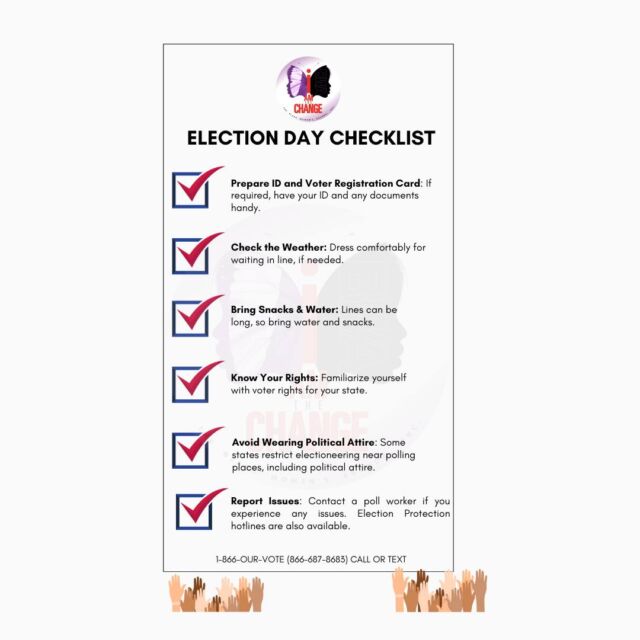 The Polls Are Open on the East Coast!! The rest of the country is waking up and preparing to exercise their right to vote!

Save this Election Day Checklist as you head to to the polls. 

Your safety is what is important. Voting is your right. 

If you experience Election Day problems, report them immediately to: 
1-866-OUR-VOTE (866-687-8683) Call or text

#Vote
#EveryVoteCounts 
#Election2024