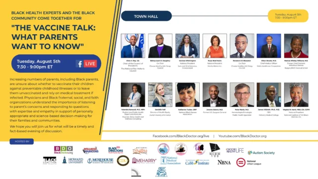 Join BlackDoctor.org TONIGHT @ 7:30 pm EST on their Facebook page for an important conversation about our children's health. "The Vaccine Talk: What Parents Want To Know"

The distinguished panel of experts will highlight the impact that vaccines have and what parents need to know. 

You don't want to miss this conversation!